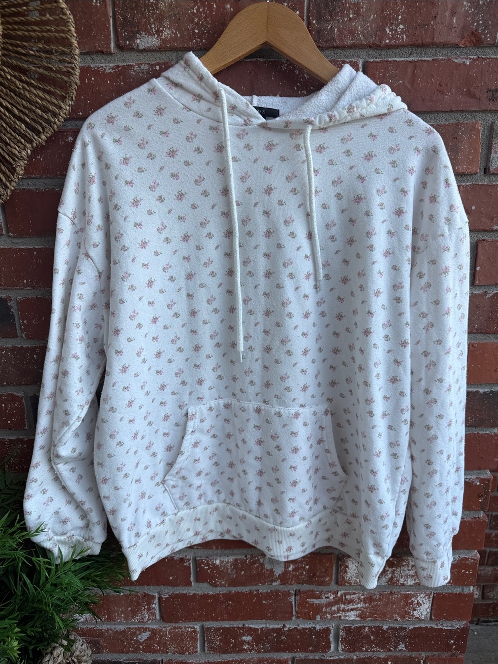 Forever 21 Cream Hooded Pullover Sweater and Short Set with Pink Floral Print